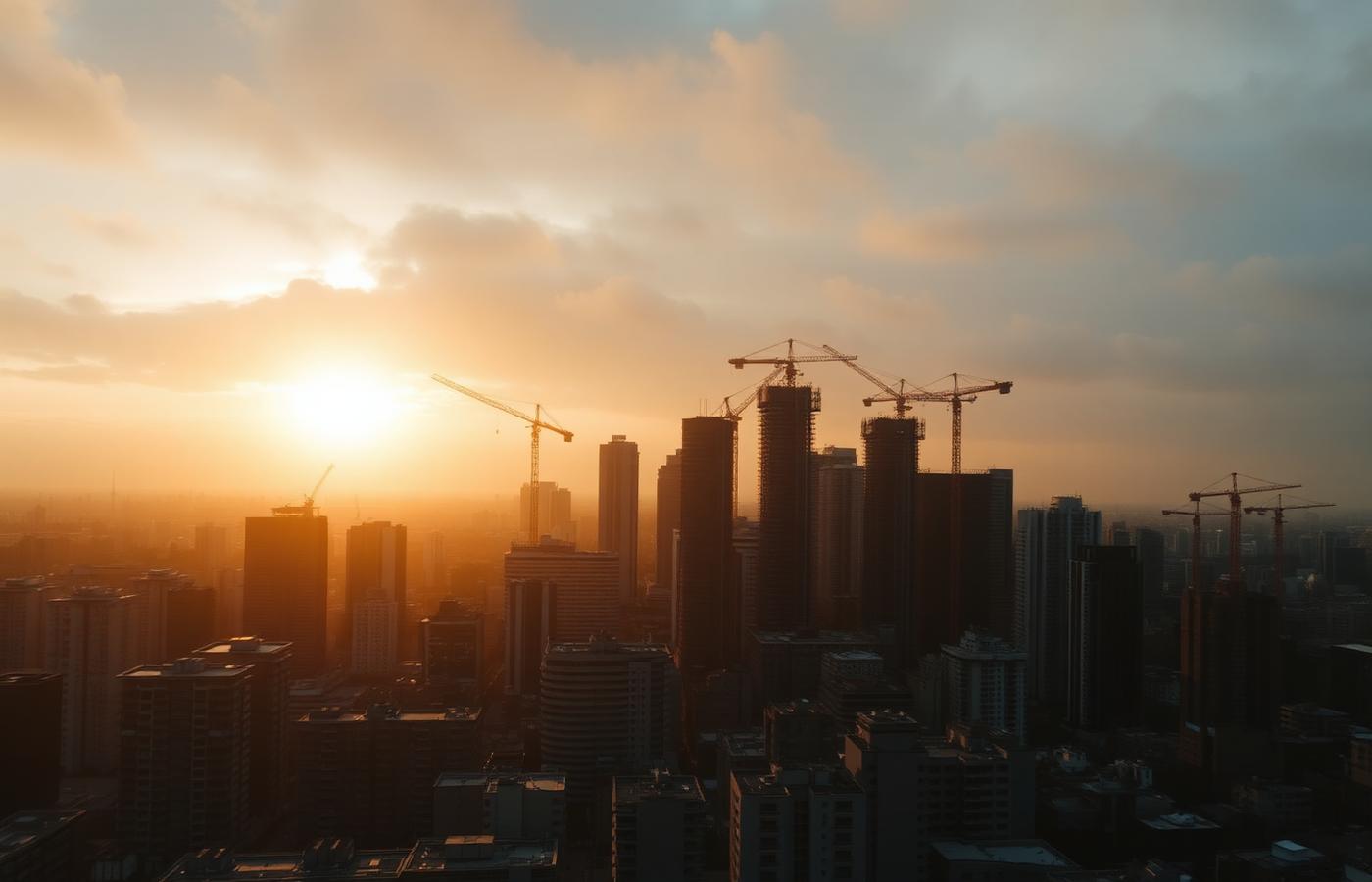 Growing city skyline with construction cranes at sunrise